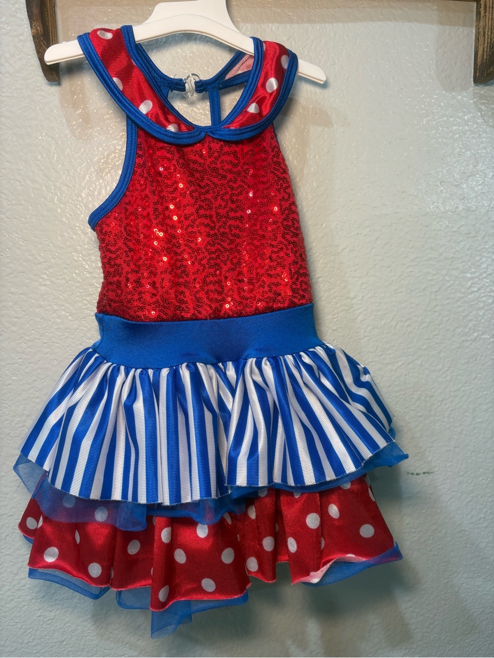 Curtain Call Costume Red White and Blue Size CXS with Matching Hair Bow